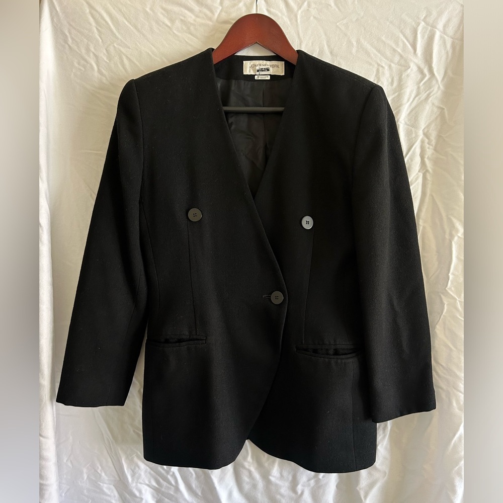 Vintage Jones New York 100% Wool Made in USA Double Breasted Black Blazer
